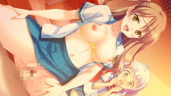 Rule 34 | 1boy, 2girls, @ @, asai sae, blush, bomi, bow, bow bra, bra, bra pull, breasts, brown hair, censored, clothed sex, clothes pull, dutch angle, flustered, game cg, girl on top, grey hair, highres, large breasts, long hair, looking at viewer, midriff, mosaic censoring, multiple girls, navel, nipples, omae no pantsu wa nani iro da!?, open clothes, open mouth, open shirt, penis, school uniform, sex, shima sako, shirt, short sleeves, skirt, solo focus, underwear, vaginal, yellow eyes
