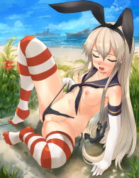Rule 34 | 10s, 1girl, absurdres, akasaai, anchor, anchor hair ornament, animal ears, battleship, beach, black panties, blonde hair, blush, closed eyes, clothed masturbation, day, elbow gloves, female masturbation, flat chest, gloves, hair ornament, highres, kantai collection, long hair, masturbation, military, military vehicle, navel, nipples, ocean, panties, panty lift, personification, rabbit ears, shimakaze (kancolle), ship, sitting, solo, striped clothes, striped thighhighs, sweat, thighhighs, torn clothes, torn panties, underwear, undressing, very long hair, warship, watercraft