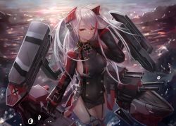 Rule 34 | 1girl, azur lane, black gloves, breasts, brown eyes, buttons, closed mouth, cowboy shot, cross, day, double-breasted, evening, garter straps, gloves, hand up, headgear, highres, iron cross, large breasts, long hair, long sleeves, looking at viewer, mihato senba, mole, mole on breast, multicolored hair, outdoors, prinz eugen (azur lane), red hair, rigging, sideboob, sidelocks, silver hair, smile, solo, streaked hair, swept bangs, thighhighs, thighs, two-tone hair, two side up