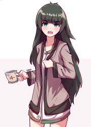 Rule 34 | 1girl, absurdres, artist name, blunt bangs, blush, coat, collarbone, cup, gar32, green eyes, grey hair, highres, hiyajou maho, holding, holding cup, long hair, long sleeves, looking at viewer, messy hair, open mouth, simple background, solo, standing, star (symbol), steins;gate, steins;gate 0, thick eyebrows, very long hair, white background