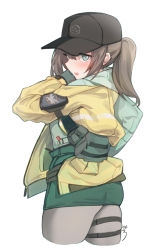 Rule 34 | 1girl, aningay, baseball cap, black hat, blue eyes, blush, brown hair, commentary, cropped legs, dima (girls&#039; frontline), girls&#039; frontline, gloves, green gloves, green shirt, green skirt, grey pantyhose, hair between eyes, hat, jacket, long hair, long sleeves, looking at viewer, looking back, open mouth, pantyhose, shirt, simple background, skindentation, skirt, solo, sweat, teeth, twintails, upper teeth only, white background, yellow jacket