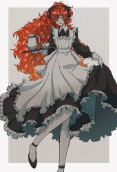 Rule 34 | 1other, androgynous, apron, coffee pot, cup, foot out of frame, gloves, highres, houseki no kuni, knee up, long hair, maid, maid apron, maid headdress, other focus, padparadscha (houseki no kuni), pantyhose, red eyes, red hair, skirt hold, solo, standing, standing on one leg, teacup, teapot, thighhighs, very long hair