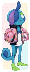 Rule 34 | blue skin, clothed pokemon, colored skin, creatures (company), drizzile, full body, game freak, gen 8 pokemon, jacket, long sleeves, nark, nintendo, no humans, open clothes, open jacket, open mouth, pokemon, pokemon (creature), polka dot, polka dot background, signature, solo, standing, tail