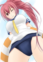 Rule 34 | 10s, 1girl, blush, fuuma nagi, i-168 (kancolle), innertube, kantai collection, long hair, looking at viewer, looking down, one-piece swimsuit, one eye closed, pink eyes, pink hair, ponytail, school swimsuit, school uniform, serafuku, smile, solo, swim ring, swimsuit, swimsuit under clothes, wink