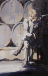 Rule 34 | 1boy, barrel, blonde hair, boots, che (cyan crown), cigarette, full body, glasses, highres, knee boots, male focus, marley military uniform, on chair, painterly, shingeki no kyojin, short hair, sitting, smile, smoking, solo, aged down, zeke yeager