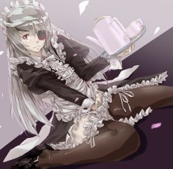 Rule 34 | 10s, 1girl, eyepatch, frilled skirt, frilled thighhighs, frills, hiropon pj, infinite stratos, laura bodewig, long hair, looking to the side, maid, maid headdress, pale skin, petals, puffy sleeves, red eyes, silver hair, simple background, sitting, skirt, solo, thighhighs, tray, very long hair, wariza