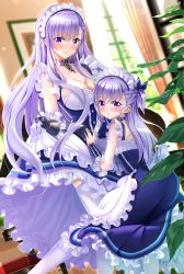 Rule 34 | 2girls, aged down, apron, azur lane, belfast (azur lane), blue eyes, blush, braid, breasts, chain, choker, cleavage, closed mouth, clothes lift, collar, collarbone, commentary request, corset, day, dress, dress lift, dual persona, french braid, frilled gloves, frilled sleeves, frills, gauntlets, gloves, hair between eyes, highres, indoors, large breasts, light particles, little bel (azur lane), long hair, looking at viewer, maid, maid headdress, multiple girls, one side up, open mouth, sidelocks, silver hair, smile, sunlight, swordsouls, white gloves, window