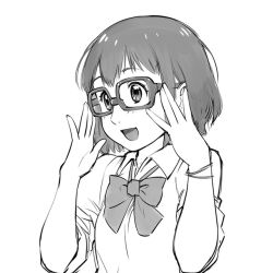 Rule 34 | 1girl, breasts, commentary request, glasses, greyscale, kurahashi miho, monochrome, open mouth, school uniform, simple background, smile, solo, ueyama michirou, white background, z-kai, z-kai: cross road