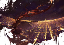 Rule 34 | 1girl, absurdly long hair, city, city lights, cityscape, dark, dress, fisheye, floating, floating hair, highres, horizon, long hair, moss (2225028), night, night sky, original, paint, paintbrush, painting (action), palette (object), red eyes, red hair, river, scenery, sky, solo, star (sky), surreal, very long hair, water