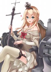 Rule 34 | 10s, 1girl, :d, ameno kiko, bad id, bad pixiv id, bare shoulders, blonde hair, blue eyes, braid, breasts, crossed legs, crown, dress, french braid, garter straps, globus cruciger, hairband, highres, holding, kantai collection, light brown hair, long hair, long sleeves, looking at viewer, machinery, md5 mismatch, medium breasts, mini crown, nekomiruku, off-shoulder dress, off shoulder, open mouth, revision, scepter, simple background, sitting, smile, solo, thighhighs, throne, turret, warspite (kancolle), white background, white dress, white thighhighs