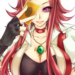 Rule 34 | 1girl, breasts, card, choker, cleavage, empty (pixiv1630270), fingerless gloves, gloves, holding, holding card, huge breasts, impossible clothes, impossible shirt, izayoi aki, jewelry, long hair, necklace, pink eyes, red hair, shirt, solo, yu-gi-oh!, yu-gi-oh! 5d&#039;s, yuzusei (empty)