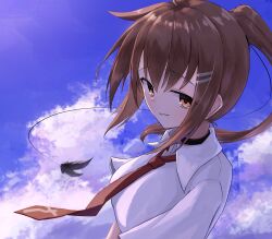 1girl absurdres blue_sky breasts brown_eyes brown_hair cloud collared_shirt cross cross_print day floating_hair floating_neckwear from_side hair_between_eyes hair_ornament hairclip highres large_breasts long_hair looking_at_viewer minakami_yuki necktie outdoors parted_lips ponytail raised_eyebrows red_necktie sanpaku school_uniform shirt sidelocks sky smile solo subarashiki_hibi takoyaki032002 upper_body white_shirt wind