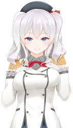 Rule 34 | 10s, 1girl, beret, blue eyes, blush, breasts, buttons, epaulettes, hands on own chest, hat, jacket, kantai collection, kashima (kancolle), kerchief, large breasts, light smile, looking at viewer, military, military uniform, sidelocks, silver hair, simple background, smile, solo, twintails, uniform, upper body, wavy hair, white background, yasuto (eria151)