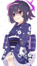 Rule 34 | 1girl, absurdres, black hair, blue archive, commentary request, floral print, flower, frilled sleeves, frills, hair between eyes, hair flower, hair ornament, hairband, halo, haruka (blue archive), haruka (new year) (blue archive), highres, japanese clothes, kimono, long sleeves, nekoyanagi (azelsynn), obi, official alternate costume, open mouth, pink flower, pink hairband, print kimono, purple eyes, purple kimono, sash, simple background, solo, turn pale, wavy mouth, white background, wide sleeves