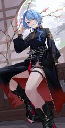 Rule 34 | 1girl, absurdres, architecture, black dress, black footwear, blue hair, commentary request, day, dress, east asian architecture, hanafuda earrings, hand up, highres, hololive, hoshimachi suisei, hoshimachi suisei (8th costume), hoshimachi suisei (oriental suit), long hair, long sleeves, looking at viewer, multicolored clothes, multicolored dress, nail polish, parted bangs, puffy long sleeves, puffy sleeves, red nails, side slit, sitting, smile, solo, tagosaku (tatsukiuma0329), toeless footwear, virtual youtuber, wavy hair