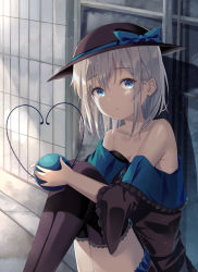 Rule 34 | 1girl, :o, absurdres, bad id, bad pixiv id, bare shoulders, black thighhighs, blue bow, blue dress, blue eyes, bow, breasts, cleavage, collarbone, dress, eyeball, feet out of frame, hair behind ear, hat, hat bow, heart, heart of string, highres, holding, knees up, kofumi (nxme5555), komeiji koishi, medium breasts, medium hair, off shoulder, shadow, silver hair, sitting, solo, thighhighs, third eye, touhou