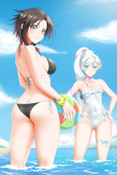 Rule 34 | 2girls, absurdres, arm strap, ass, back, ball, banned artist, bare shoulders, beachball, bikini, black bikini, black hair, blue eyes, blue sky, breasts, butt crack, closed mouth, cloud, collarbone, covered navel, day, from behind, gluteal fold, grey eyes, halterneck, hands on own hips, highres, holding, holding ball, kimmy77, long hair, looking at viewer, looking back, medium breasts, multicolored hair, multiple girls, one-piece swimsuit, outdoors, red hair, ruby rose, rwby, scar, scar across eye, short hair, side-tie bikini bottom, sky, small breasts, smile, strap gap, swimsuit, thigh strap, thighs, two-tone hair, very long hair, wading, water, weiss schnee, wet, white hair, white one-piece swimsuit