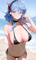 Rule 34 | 1girl, absurdres, ako (blue archive), alternate costume, arm behind back, beach, bikini, black bikini, black choker, blue archive, blue eyes, blue hair, blush, breasts, choker, collarbone, commentary, haerge, hair between eyes, halo, highres, large breasts, looking at viewer, navel, outdoors, side-tie bikini bottom, solo, stomach, swimsuit