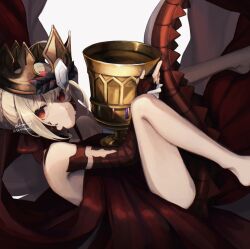 Rule 34 | 1girl, barefoot, blonde hair, chalice, closed mouth, crown, cup, donguri png, dragon tail, dress, fate/grand order, fate (series), highres, holding, holy grail (fate), looking at viewer, nero claudius (fate), nero claudius (fate) (all), parted lips, queen draco (fate), queen draco (first ascension) (fate), red dress, red eyes, red scales, scales, simple background, solo, tail, twitter username