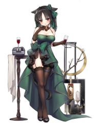 Rule 34 | 1girl, alic miao, animal ears, azur lane, black gloves, black hair, breasts, cup, dress, drinking glass, full body, gloves, green dress, green ribbon, large breasts, official alternate costume, official art, ooshio (azur lane), ooshio (woozy party) (azur lane), red eyes, ribbon, solo, tail, thighhighs, transparent background, wine glass