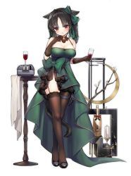 1girl alic_miao animal_ears azur_lane black_gloves black_hair breasts cup dress drinking_glass full_body gloves green_dress green_ribbon large_breasts official_alternate_costume official_art ooshio_(azur_lane) ooshio_(woozy_party)_(azur_lane) red_eyes ribbon solo tail thighhighs transparent_background wine_glass