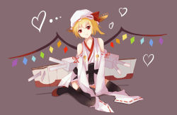 Rule 34 | .l.l, 1girl, :t, alternate costume, between legs, black thighhighs, blonde hair, blush, bonnet, collarbone, cosplay, detached sleeves, fang, flandre scarlet, hand between legs, headgear, heart, highres, japanese clothes, kantai collection, kongou (kancolle), kongou (kancolle) (cosplay), looking at viewer, md5 mismatch, parody, red eyes, short hair, simple background, sitting, sleeves past wrists, smile, solo, thighhighs, touhou, wariza, wings