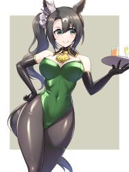 Rule 34 | 1girl, animal ears, ascot, black gloves, black hair, black pantyhose, breasts, covered navel, crown, cup, detached collar, drinking glass, elbow gloves, feet out of frame, gloves, green eyes, green leotard, hand on own hip, hand up, highres, holding, holding tray, horse ears, horse girl, horse tail, large breasts, leotard, long hair, looking at viewer, mini crown, nontraditional playboy bunny, pantyhose, pataneet, playboy bunny, satono crown (umamusume), scrunchie, side ponytail, smile, solo, strapless, strapless leotard, tail, thigh strap, tray, umamusume, wine glass, wrist scrunchie, yellow ascot