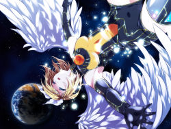 Rule 34 | 1girl, angel wings, armpits, black gloves, blonde hair, blue eyes, bodysuit, breasts, earth (planet), elbow gloves, floating, gloves, hair ornament, hair ribbon, hairclip, half-closed eyes, headphones, kagamine rin, outstretched arms, ribbon, short hair, skin tight, solo, space, star (symbol), thighhighs, venuspunk, vocaloid, wings