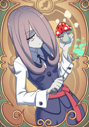 Rule 34 | 1girl, hair over one eye, highres, holding, holding wand, kjech, little witch academia, long hair, long sleeves, looking at viewer, mushroom, pink hair, red eyes, solo, sucy manbavaran, wand