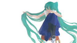 Rule 34 | 1girl, absurdly long hair, adjusting hair, alternate costume, aqua hair, arm up, backlighting, bare arms, bare shoulders, better days (vocaloid), black pantyhose, blue footwear, blue skirt, chair, closed eyes, closed mouth, eyebrows, facing to the side, floating hair, frilled shirt, frilled sleeves, frills, full body, hair between eyes, tucking hair, hand in own hair, hand on own knee, hand up, hatsune miku, highres, knees to chest, knees up, legs together, long hair, long skirt, mary janes, matayoshi, negative space, outstretched arm, pantyhose, shirt, shoes, simple background, sitting, skirt, sleeveless, sleeveless shirt, solo, twintails, very long hair, vocaloid, wavy hair, white background, white shirt