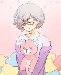 Rule 34 | blue hair, catmouth, character request, glasses, grey hair, multicolored hair, solo, star (symbol), stuffed animal, stuffed toy, teddy bear