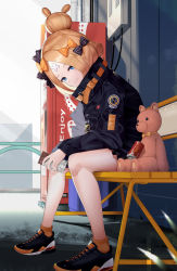 Rule 34 | 1girl, abigail williams (fate), abigail williams (traveling outfit) (fate), bandaid, bandaid on face, bandaid on forehead, belt, black bow, black jacket, blonde hair, blue eyes, bow, breasts, can, candy, chocolate, chocolate bar, crossed bandaids, drink can, fate/grand order, fate (series), food, forehead, hair bow, hair bun, heroic spirit traveling outfit, high collar, highres, jacket, long hair, long sleeves, looking at viewer, multiple hair bows, official alternate costume, orange belt, orange bow, parted bangs, polka dot, polka dot bow, shiro ami, single hair bun, sitting, small breasts, smile, soda can, solo, stuffed animal, stuffed toy, teddy bear