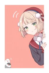 Rule 34 | 1girl, :/, apple (zdj0266), beret, bird, black jacket, blush, border, closed mouth, collared shirt, dot nose, green eyes, hair ornament, hat, highres, indie virtual youtuber, jacket, light brown hair, looking at viewer, notice lines, outside border, peeking out, pinstripe jacket, pinstripe pattern, pom pom (clothes), pom pom hair ornament, red background, red hat, red sailor collar, sailor collar, shigure ui (vtuber), shirt, short hair, sidelocks, simple background, solo, two side up, upper body, v-shaped eyebrows, virtual youtuber, white border, white shirt