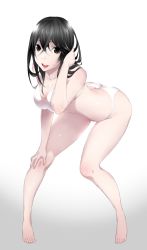 Rule 34 | 1girl, :d, absurdres, arizuka (catacombe), ass, bare shoulders, barefoot, bent over, bikini, black eyes, black hair, breasts, highres, long hair, looking at viewer, open mouth, original, smile, solo, swimsuit, teeth, wet, white bikini