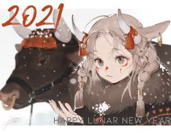 Rule 34 | 1girl, 2021, absurdres, ahoge, animal ears, braid, brown eyes, brown hair, bull, chinese zodiac, closed mouth, coat, commentary, cow ears, cow girl, english commentary, english text, facepaint, fur trim, happy new year, highres, horns, long hair, new year, original, signature, snow, solo focus, twin braids, upper body, year of the ox, yoimon