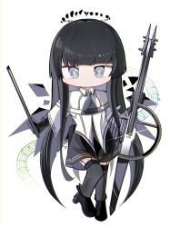 Rule 34 | 1girl, absurdres, arknights, ascot, belt, belt buckle, black ascot, black eyes, black footwear, black garter straps, black gloves, black hair, black halo, black shirt, black skirt, black thighhighs, black wings, blunt bangs, boots, bow (music), broken halo, buckle, cello, chibi, closed mouth, collared jacket, commentary, dark halo, detached wings, dress shirt, energy wings, full body, garter straps, gloves, halo, high heel boots, high heels, highres, hime cut, holding, holding bow (music), holding instrument, holding violin, instrument, jacket, light blush, long hair, long sleeves, looking at viewer, musical note, shirt, short-sleeved jacket, short sleeves, sidelocks, simple background, skirt, smile, solo, spam (spamham4506), standing, thighhighs, very long hair, violin, virtuosa (arknights), white background, white belt, white jacket, wings, zettai ryouiki
