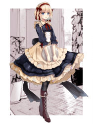 Rule 34 | 1girl, absurdres, alice margatroid, alternate costume, apron, black dress, black legwear, blonde hair, blue eyes, boots, brown footwear, cross-laced footwear, dress, enmaided, frilled dress, frills, full body, hairband, highres, kisaragi yuri, lace-up boots, looking at viewer, maid, puffy sleeves, short hair, solo, standing, touhou, tray, waist apron