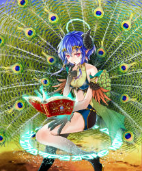 Rule 34 | 1girl, armlet, bare shoulders, blue hair, book, bra, earrings, finger to mouth, high heels, horns, jewelry, kuroi nyan, midriff, monster girl, navel, official art, peacock feathers, pink eyes, pointy ears, senjou no electro girl, sheep horns, short hair, solo, underwear