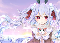 Rule 34 | 1girl, :&gt;, blue hair, blush, coat, cupping hands, gradient hair, hair ornament, hair ribbon, light purple hair, long hair, long sleeves, looking at viewer, multicolored hair, open clothes, open coat, original, own hands together, plaid, plaid ribbon, pom pom (clothes), red eyes, ribbon, scarf, snow rabbit, solo, toma tokage, twintails, upper body, very long hair, white hair, wind