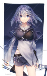 Rule 34 | 1girl, arrow (projectile), asymmetrical clothes, blue eyes, bow (weapon), capelet, closed mouth, compound bow, cowboy shot, highres, holding, looking at viewer, natsutora, original, quiver, shorts, silver hair, smile, solo, standing, twitter username, weapon