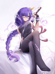 Rule 34 | 1girl, a shui, absurdres, alternate costume, black legwear, braid, breasts, crossed legs, dated, electricity, genshin impact, highres, holding, holding sword, holding weapon, human scabbard, katana, large breasts, long hair, looking at viewer, low-braided long hair, low-tied long hair, purple eyes, purple hair, raiden shogun, seiza, sideboob, signature, single braid, sitting, solo, sword, very long hair, weapon