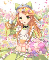 Rule 34 | 1girl, :d, abs, black bow, black bowtie, blush, bouquet, bow, bowtie, breasts, commentary request, cowboy shot, crop top, etie (fire emblem), falling petals, fire emblem, fire emblem engage, floral background, flower, flower wreath, green bow, green eyes, green shirt, green skirt, hair bow, hair ornament, hands up, head wreath, highres, holding, holding bouquet, kakiko210, long hair, long sleeves, looking at viewer, midriff, navel, nintendo, open mouth, orange hair, petals, shirt, sidelocks, skirt, small breasts, smile, solo, standing, swept bangs, tiara, yellow gemstone