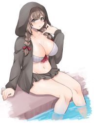 Rule 34 | 1girl, bikini, black jacket, blush, braid, breasts, brown eyes, brown hair, commentary request, frilled bikini, frills, hair between eyes, hair ribbon, highres, hood, hooded jacket, jacket, kantai collection, large breasts, long hair, long sleeves, looking at viewer, open clothes, open jacket, parted lips, red ribbon, ribbon, shinshuu maru (kancolle), simple background, sitting, soaking feet, solo, swimsuit, toriniku senshi chikinman, twin braids, water, wet