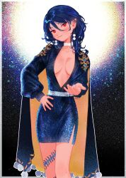 Rule 34 | 1girl, alternate costume, artist name, blue cape, blue dress, blue hair, blush, breasts, cape, centipede tattoo, cleavage, closed mouth, commentary, dress, earrings, feet out of frame, glitter, hand on own hip, hand up, head tilt, highres, iizunamaru megumu, jewelry, k0nfette, long sleeves, looking at viewer, medium breasts, medium hair, plunging neckline, pointy ears, red eyes, side slit, solo, touhou, two-sided cape, two-sided fabric, v-shaped eyebrows, yellow cape