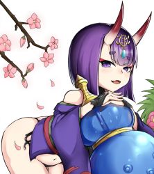 Rule 34 | 1girl, arched back, ass, blunt bangs, bob cut, fang, fate/grand order, fate (series), highres, horns, jibako, looking at viewer, purple eyes, purple hair, revealing clothes, short hair, shuten douji (fate), simple background, skin fang, solo, thick eyebrows, thighs, white background