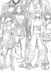 Rule 34 | 2boys, 4girls, absurdres, alternate costume, arms behind back, bare shoulders, breasts, cleavage, contemporary, double bun, earrings, fate/grand order, fate (series), greyscale, hair bun, hands in pockets, high heels, highres, jewelry, kama (fate), kneehighs, kojima takeshi, leonidas (fate), long hair, midriff, monochrome, multiple boys, multiple girls, navel, necklace, sailor collar, scathach (fate), scathach skadi (fate), sessyoin kiara, skirt, sleeveless, smile, socks, spartacus (fate), twintails, yang guifei (fate)