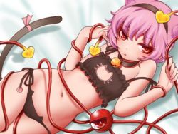 Rule 34 | 1girl, :&lt;, animal ear fluff, animal ears, bad id, bad pixiv id, bed sheet, bell, black bra, black panties, bra, cat cutout, cat day, cat ear panties, cat ears, cat girl, cat lingerie, cat tail, closed mouth, clothing cutout, collar, commentary request, eyeball, flat chest, frilled bra, frills, hair ornament, hairband, hands up, heart, heart hair ornament, kemonomimi mode, komeiji satori, lingerie, looking at viewer, lying, meme attire, nail polish, navel, neck bell, on back, panties, pink hair, pink nails, red eyes, ribbon, short hair, side-tie panties, slit pupils, solo, stomach, tail, tail ornament, tail ribbon, third eye, touhou, tsurime, underwear, underwear only, yuuka (user pvtn8422)