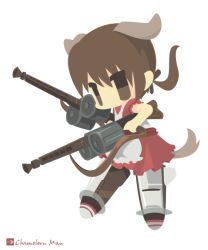 Rule 34 | 1girl, animal ears, artist name, bad id, bad pixiv id, brown eyes, brown hair, chameleon man (three), chibi, dirndl, dog ears, dog tail, double-drum magazine, dress, drum magazine, flat color, flying, frills, general-purpose machine gun, german clothes, gertrud barkhorn, gun, high-capacity magazine, holding, holding gun, holding weapon, long hair, machine gun, magazine (weapon), mg42, no lineart, official alternate costume, puffy short sleeves, puffy sleeves, red dress, saddle-drum, short sleeves, simple background, solo, strike witches, striker unit, tail, twintails, weapon, white background, world witches series