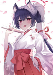 Rule 34 | 1girl, absurdres, black hair, blue archive, blush, fang, hair between eyes, hakama, halo, highres, japanese clothes, long hair, long sleeves, miko, open mouth, red eyes, red hakama, red halo, serika (blue archive), shan (ti0n), simple background, solo, white background, wide sleeves