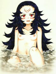 Rule 34 | 1girl, absurdres, bath, bathing, black hair, blush, breasts, facial mark, fire emblem, fire emblem fates, forehead mark, highres, long hair, looking at viewer, mehonobu g, navel, nintendo, nipples, nude, nyx (fire emblem), onsen, partially submerged, red eyes, sitting, small breasts, solo, sweatdrop, very long hair, water, wavy mouth